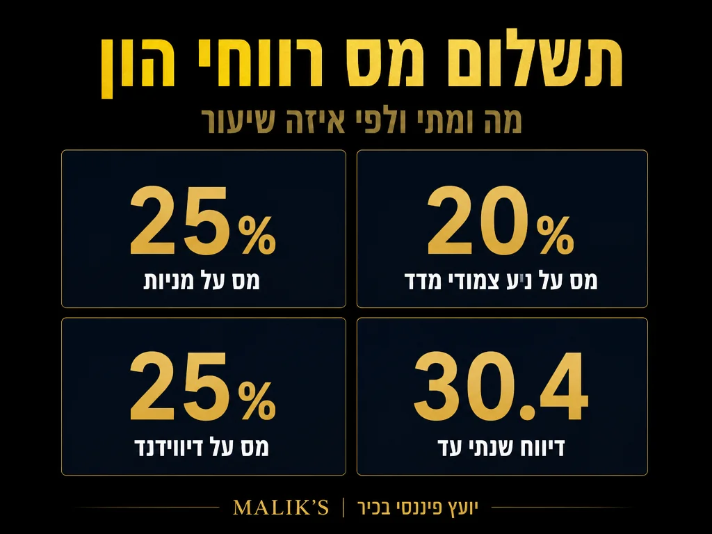אינפוגרפיקה: תשלום מס רווחי הון - מה ומתי ולפי איזה שיעור | MALIK'S