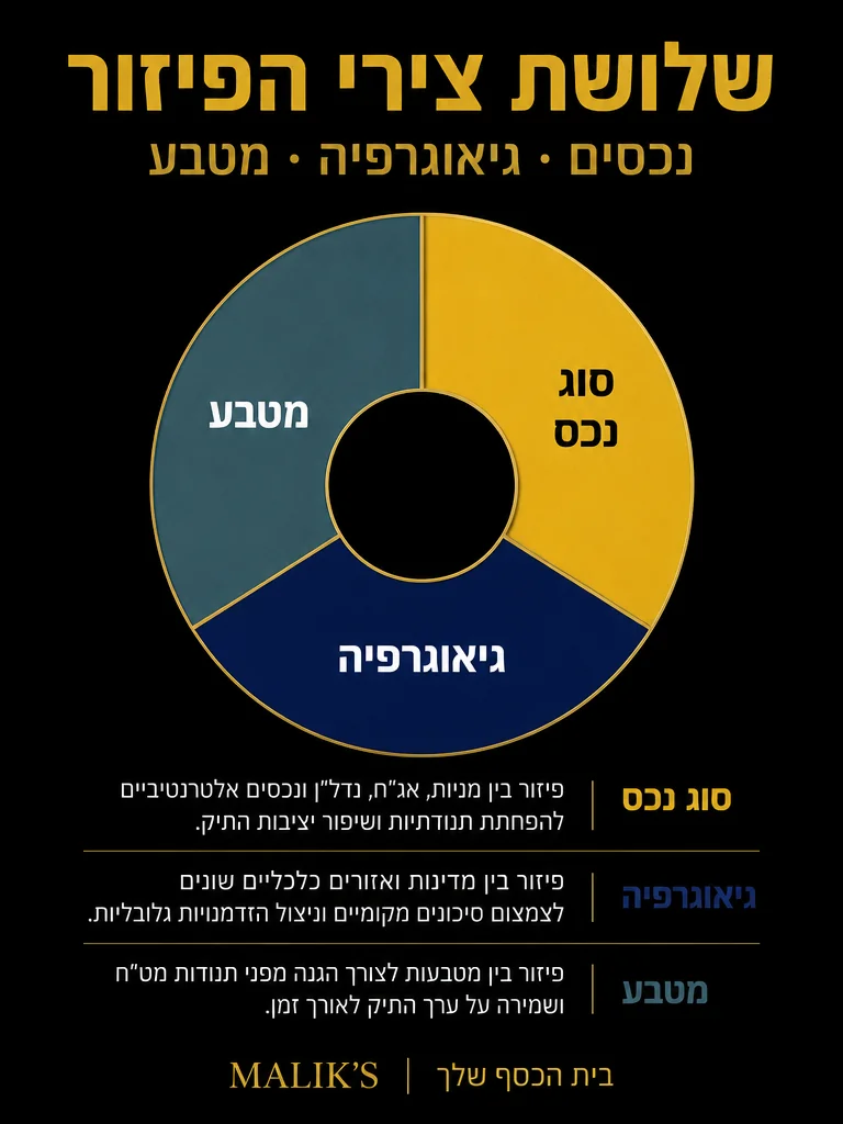 תרשים שלושת הצירים של פיזור תיק השקעות: סוג נכס, גיאוגרפיה, מטבע