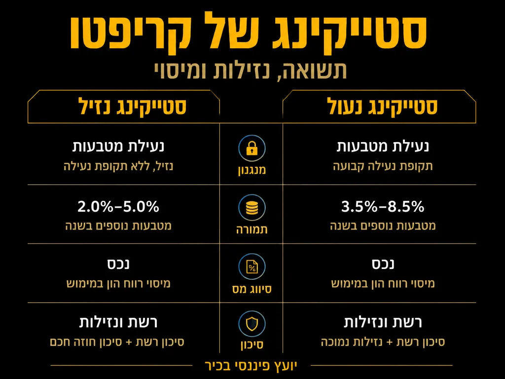 אינפוגרפיקה: סטייקינג של קריפטו - תשואה, נזילות ומיסוי | MALIK'S